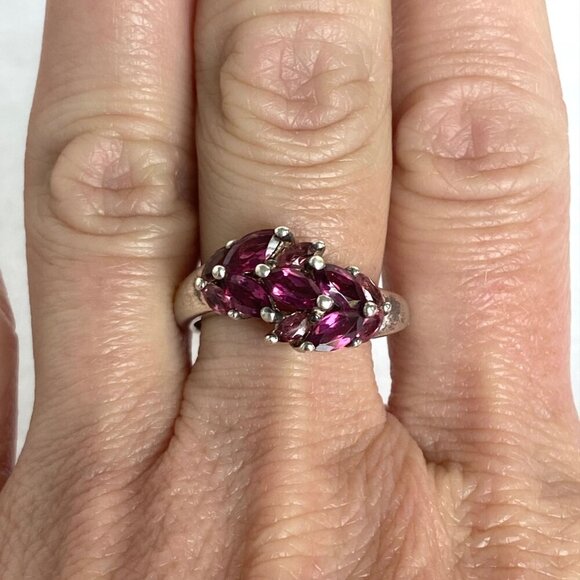 Sterling Silver 925 S&G Prong Set Garnet Marquise Cluster Cocktail Ring Sz 7.75 - Picture 11 of 16
